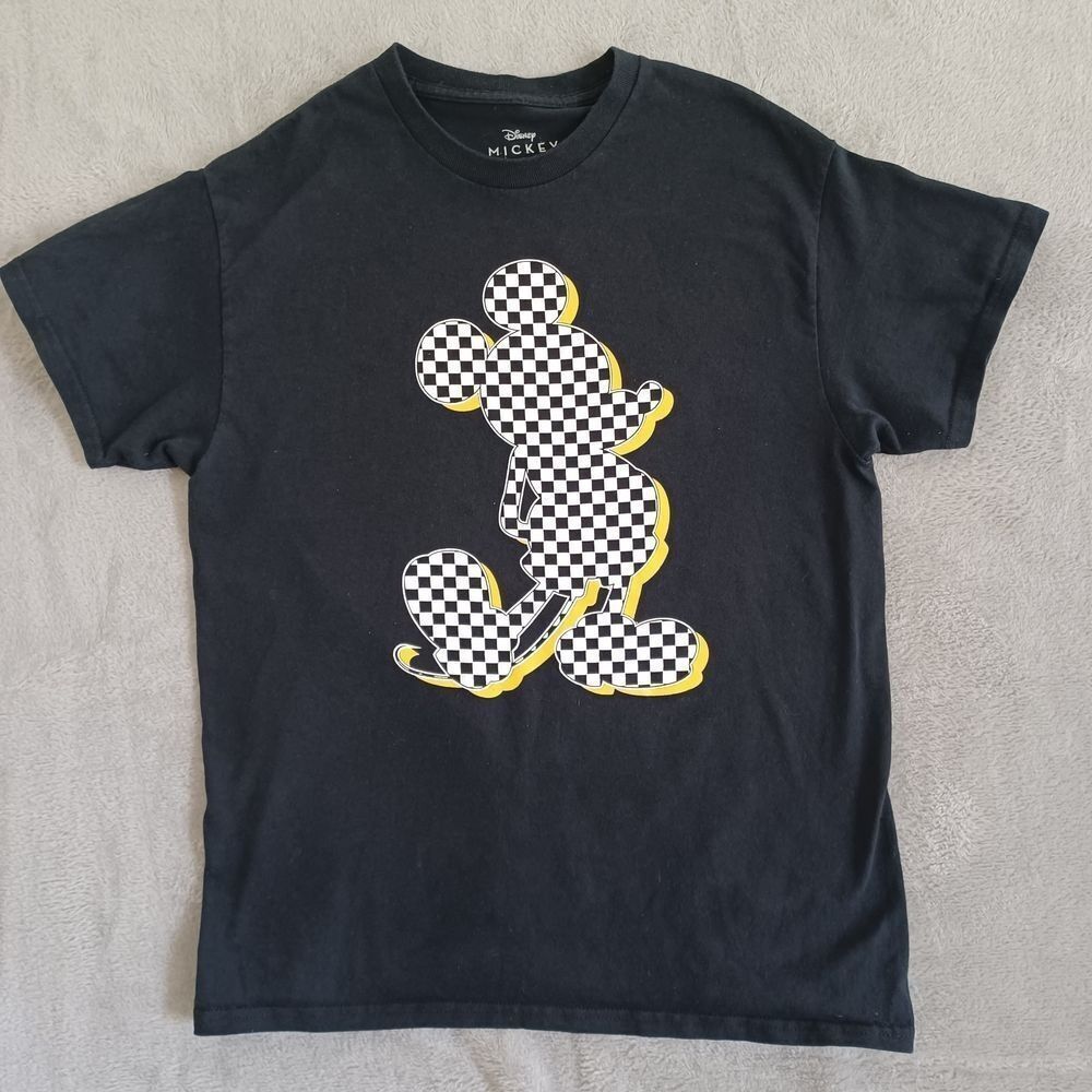Disney Mickey Mouse Tee Md Black Checkered Black Yellow 90s Graphic Womens - Picture 1 of 7